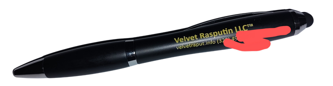 A black pen with yellow type with the phone redacted and a misspelled website.